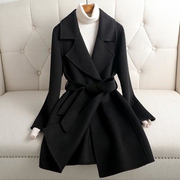 雙面呢羊毛大衣女中長款2025秋冬新款小個子系帶羊毛呢外套純手工