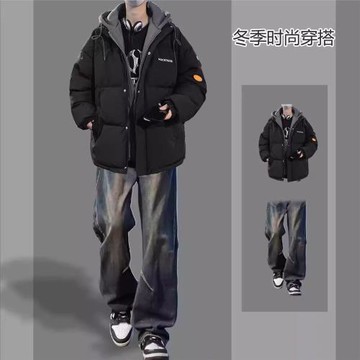 美式復古套裝假兩件棉衣男款冬季加厚棉服外套保暖男裝一整套搭配