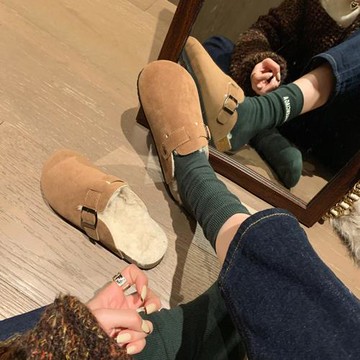 三喜同款一腳蹬勃肯鞋毛毛拖鞋女外穿加絨半拖復古包頭厚底博肯鞋