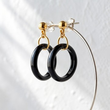 20mm 黑瑪瑙 天然石耳環 - 環 -onyx-