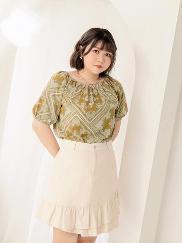 涼爽兩穿鬆緊一字領變形蟲印花上衣