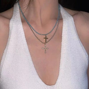 【台灣公司 可打統編】免運 黑暗風十字架項鏈夏季女高級感細款串珠鎖骨鏈設計感甜酷頸鏈新款 可開發票 全館五折 工廠現貨直銷 新品特價 z9211