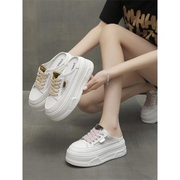 小個子厚底增高包頭外穿半拖鞋女2025夏季新款休閑真皮網紗小白鞋