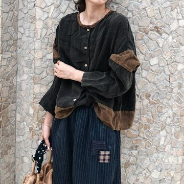 2025秋冬新女 日系韓版大碼復古學院風棉麻亞麻圓領開衫襯衫外套
