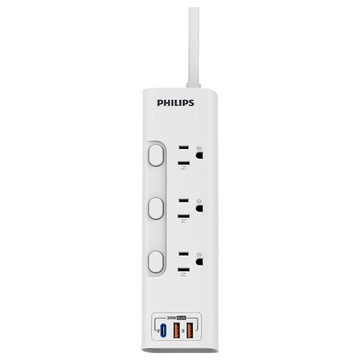 PHILIPS 飛利浦 3開3插 2USB+Type C PD 30W GaN氮化鎵延長線 CHP8431WA/96  1.8m  白色  1個