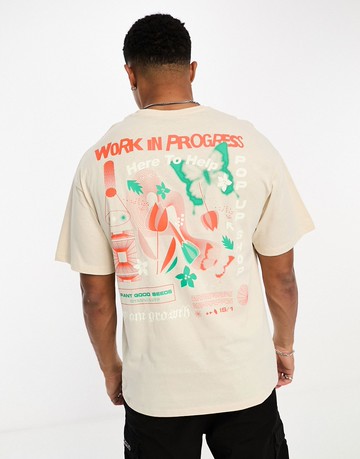 Jack & Jones oversized t-shirt with progress back print in beige-Neutral