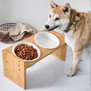 中大型犬狗糧碗水盆碗狗碗護頸狗食盆陶瓷碗可調節竹木架