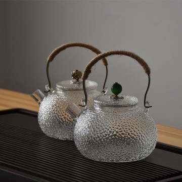 日式錘紋玻璃銅把提梁壺 煮茶壺 耐高溫玻璃泡茶壺可電陶爐燒水壺