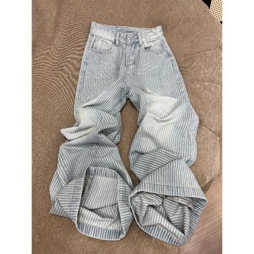 設計感淺藍色條紋寬松直筒牛仔褲女秋季新款高腰顯瘦拖地闊腿褲子
