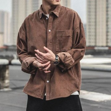 美式復古燈芯絨襯衫男長袖春秋冬季加絨上衣休閑重磅工裝襯衣外套