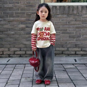 【台灣出貨】女童袖子t恤秋季2025純棉假兩件條紋卡通兒童體恤上衣拼接打底衫洋氣百搭袖子上衣T恤假兩件兒童打底衫