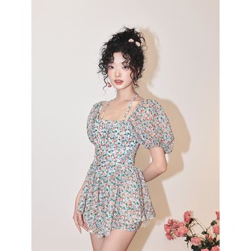 泳衣女夏2025新款碎花連體保守裙式顯瘦小胸純欲風高級感溫泉泳裝
