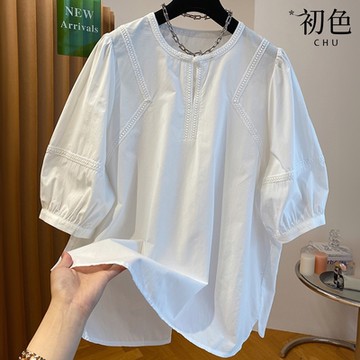 初色 休閒風純色圓領短袖五分袖娃娃衫襯衫上衣女上衣-白色-36692(M-2XL可選)
