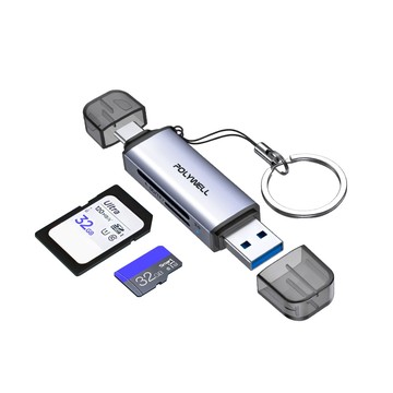 POLYWELL USB3.0 SD/TF高速讀卡機 USB Type-C雙接頭 灰色