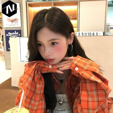 【Nico】♣️闆娘優選♣️ 【有刺繡】橙色寬鬆刺繡格子襯衫女2026春秋新款開衫防曬襯衣 薄款 春秋款 寬鬆襯衫 長袖