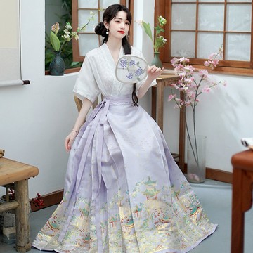 【桃喜Rich女裝】織金馬面裙 新中式提花斜襟V領上衣 交領上衣 一片式重工妝花織金馬面裙 蘭亭序紫色馬面裙 夏季漢服
