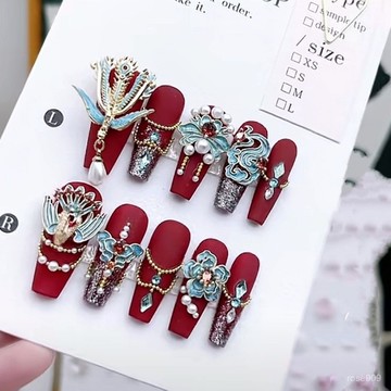 💥新年戰甲❤️美甲鳳冠霞帔秀禾飾品結婚甲片中式新年國風紅色鏡麵手工穿戴甲 VDYN