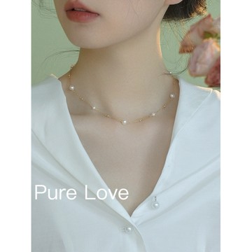 Pure Love樂芙 / 正韓 銀飾【S925純銀】N0775簡約通體純銀項鍊珍珠小圓珠間隔鎖骨鏈 短項鏈 / 金