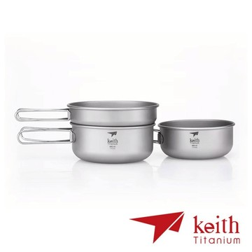 【Keith】純鈦環保餐具套鍋組(附收納網袋) Ti6053 露營 戶外 登山 野餐 環保 餐具 套鍋 鍋具