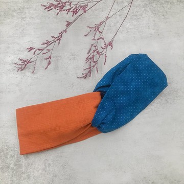 素色寬版交叉髮帶【橘藍點點】雙拼設計