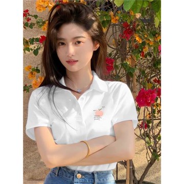 POLO衫短袖T恤女夏季正肩紐扣翻領常規修身設計感小個子上衣白色
