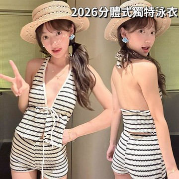 台灣出貨🔥2026分體泰式獨特泳衣 女士高級泳衣 條紋掛脖深V比基尼 保守溫泉純欲微胖女孩遮肉平角比基尼 渡假泳裝