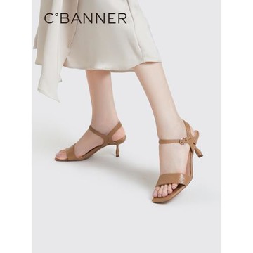 千百度女鞋夏季氣質時裝涼鞋真皮高跟涼鞋一字帶百搭不累腳百搭