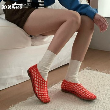 細細條簡約鏤空網格水晶果凍鞋女夏小眾時尚休閑包頭涼鞋洞洞鞋