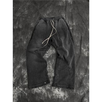 EPOWER重磅550g水洗漸變黑灰色抽繩拉鏈闊腿直筒寬松秋冬衛褲長褲