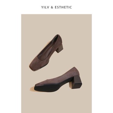 黑色高跟鞋女2024春季新款粗跟方頭單鞋絨面女中跟職業淺口工作鞋