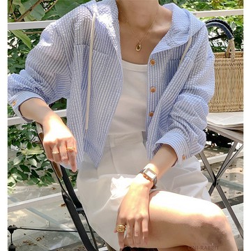 【台灣出貨】連帽襯衫女條紋短款 大尺碼寛鬆顯痩 防曬襯衫 長袖衫 女生上衣 夏季百搭