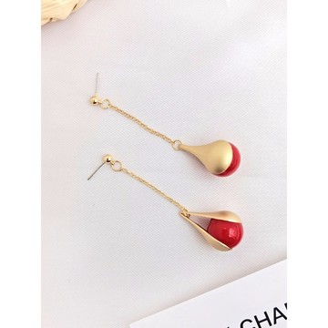 【SK飾品】金屬紅珠夾心流蘇耳環【821403】針式耳環/垂墜耳環
