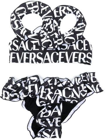 Versace Kids - all-over logo-print bikini set - kids - Polyester/Polyamide/Spandex/Elastane/Spandex/Elastane - 5 - Black
