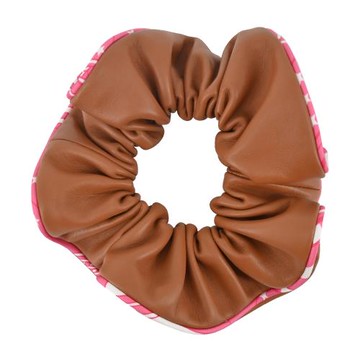 Hermes 愛馬仕 Claudia Sangles en Zigzag Bandana 印花絲質斜紋滾邊小羊皮髮圈(金/玫瑰杜鵑花)