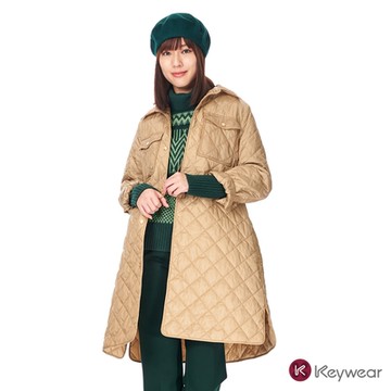 KeyWear奇威名品    翻領鋪棉綁帶收腰外套-卡其色