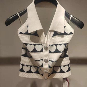 港味復古時髦亮鉆心形扣掛脖翻領針織衫女性感露背洋氣無袖上衣潮