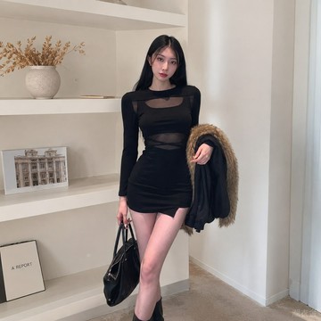 韓風春冬新款高級黑色辣妹包臀裙網紗拼接鏤空性感純欲風長袖連衣裙洋裝女爆款顯瘦氣質平價韓風女裝「潮衣舍」