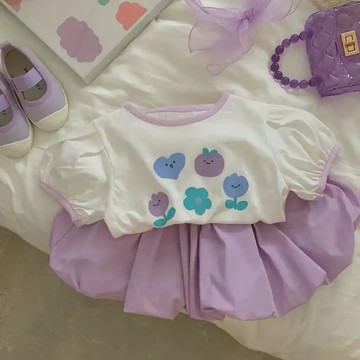 女孩夏季套裝新款韓版洋氣女寶寶紫色短T花苞短褲女孩兩件套 夏日套裝 中小童短袖上衣褲子兩件套 韓版套裝 女童套裝