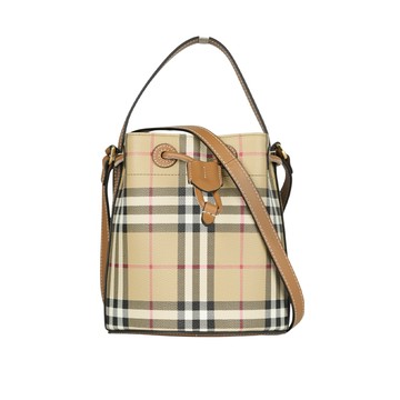 BURBERRY 格紋帆布及皮革迷你水桶包(經典米色/石楠木棕)