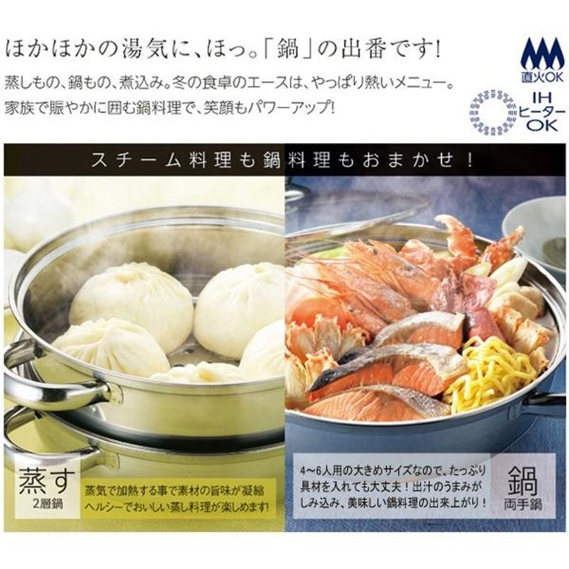 スチーム料理も鍋料理もおまかせ 強化ガラス蓋＆蒸し器付き！ガス火