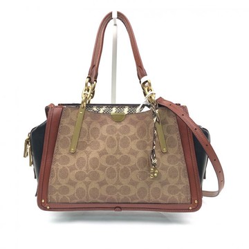 coach棕色老花拼接皮革手提包