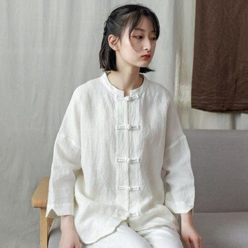 中國風亞麻上衣復古盤扣對襟襯衫女民族風寬松蝙蝠袖純色開衫外套