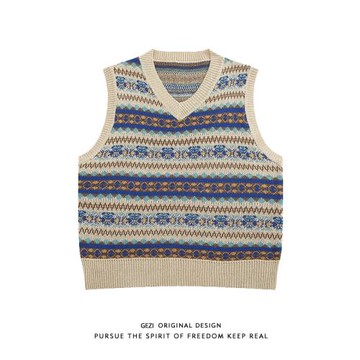 格自民族風V領毛衣男士秋冬季寬松慵懶風背心馬甲潮流情侶針織衫