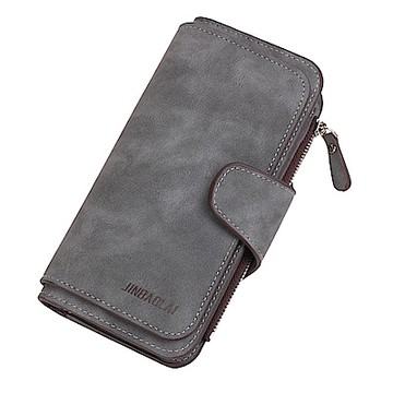 JINBAOLAI  GT3301BK長款磨砂面料搭扣女士韓版三折手機長夾黑色