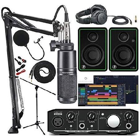 Audio Technica AT2020PK Studio Microphone with ATH-M20x, Boom XLR Cable Streaming Podcasting Pack and Onyx Artist 1-2 Audio Interface with Mackie CR