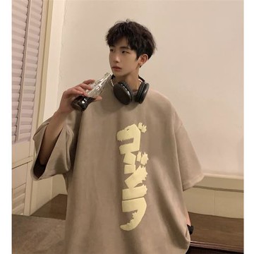 美式發泡oversize麂皮絨短袖男款夏季300g重磅t恤復古潮牌半截袖s