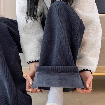 歐棉絨休閑褲女秋冬加厚加絨闊腿褲寬松保暖直筒拖地燈芯絨運動褲