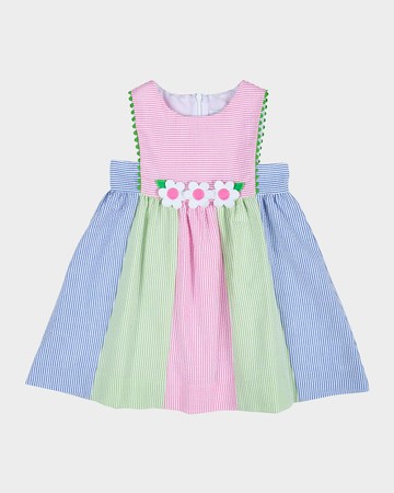 Girl's Striped Seersucker Dress W/ Flowers, Size 2-6