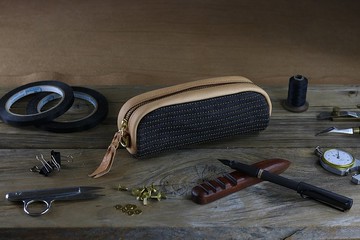 植鞣牛革拼接單寧布筆袋/收納袋(原澀)-紳士直條紋