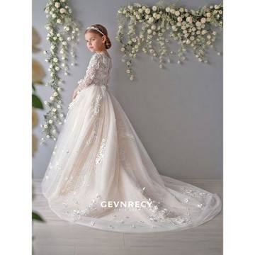 女童禮服花童婚禮兒童洋氣蓬蓬網紗公主裙鋼琴小主持人中袖拖尾裙